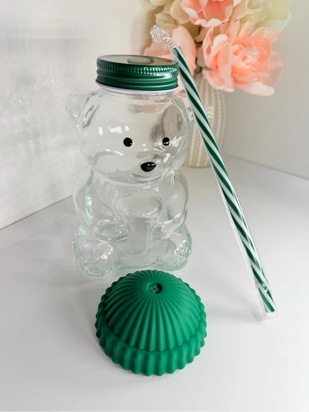Green-Top Clear Bear Drink Cup with Straw - Party Supply